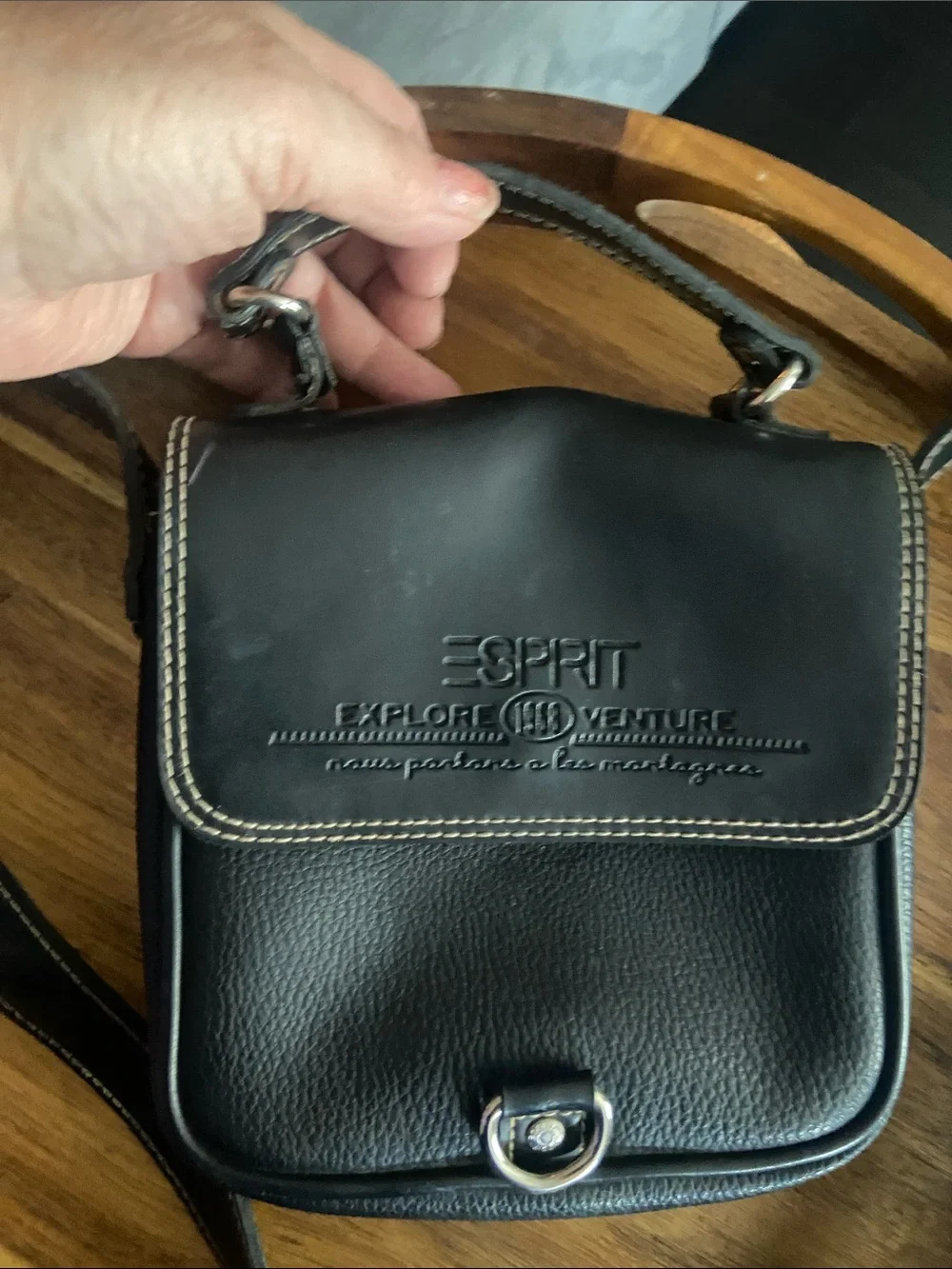 Esprit Black Leather Messenger Crossbody with Contrasting Stitching